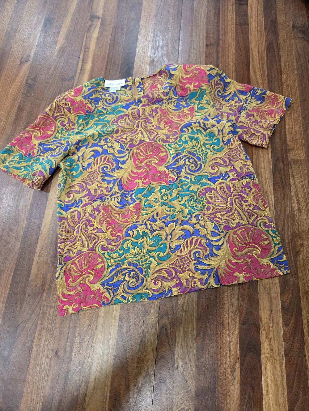 Vintage Casual Corner Gold, Royal Blue & Teal Baroque Silk Top Size 12